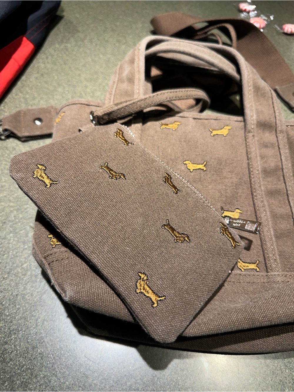 Madden Girl Brown Canvas Mini Tote with Dog Charm - Picture 2 of 8